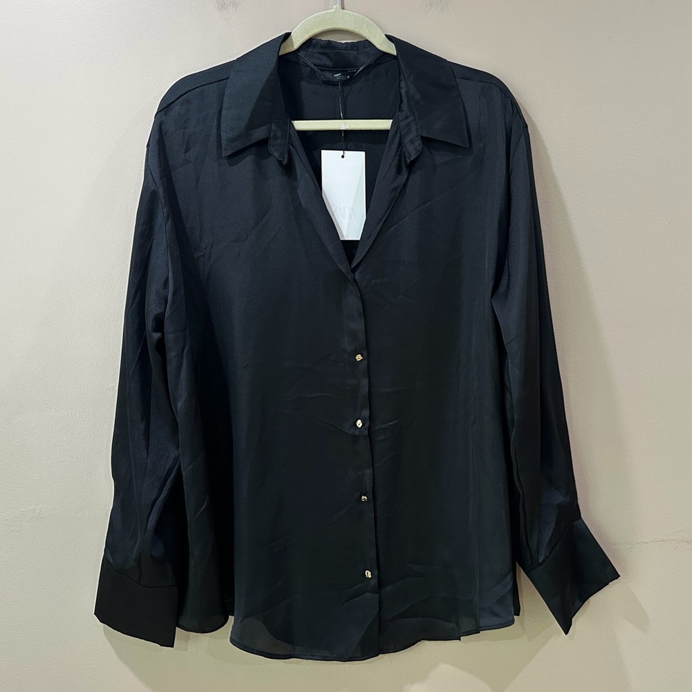 NWT Zara Black Satin Blouse Button Down Long Sleeve Shirt Fluid Top XXL